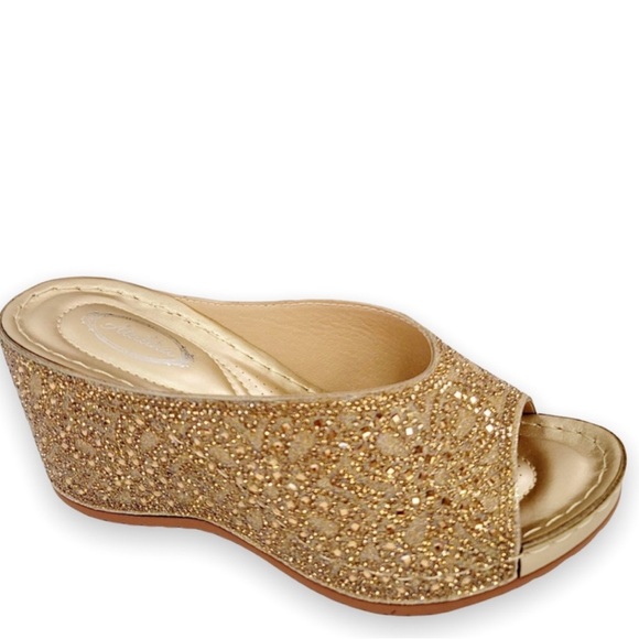 Restocked! Italina Gold Metallic Rhinestone Embellished Wedge Heel - Picture 9 of 9
